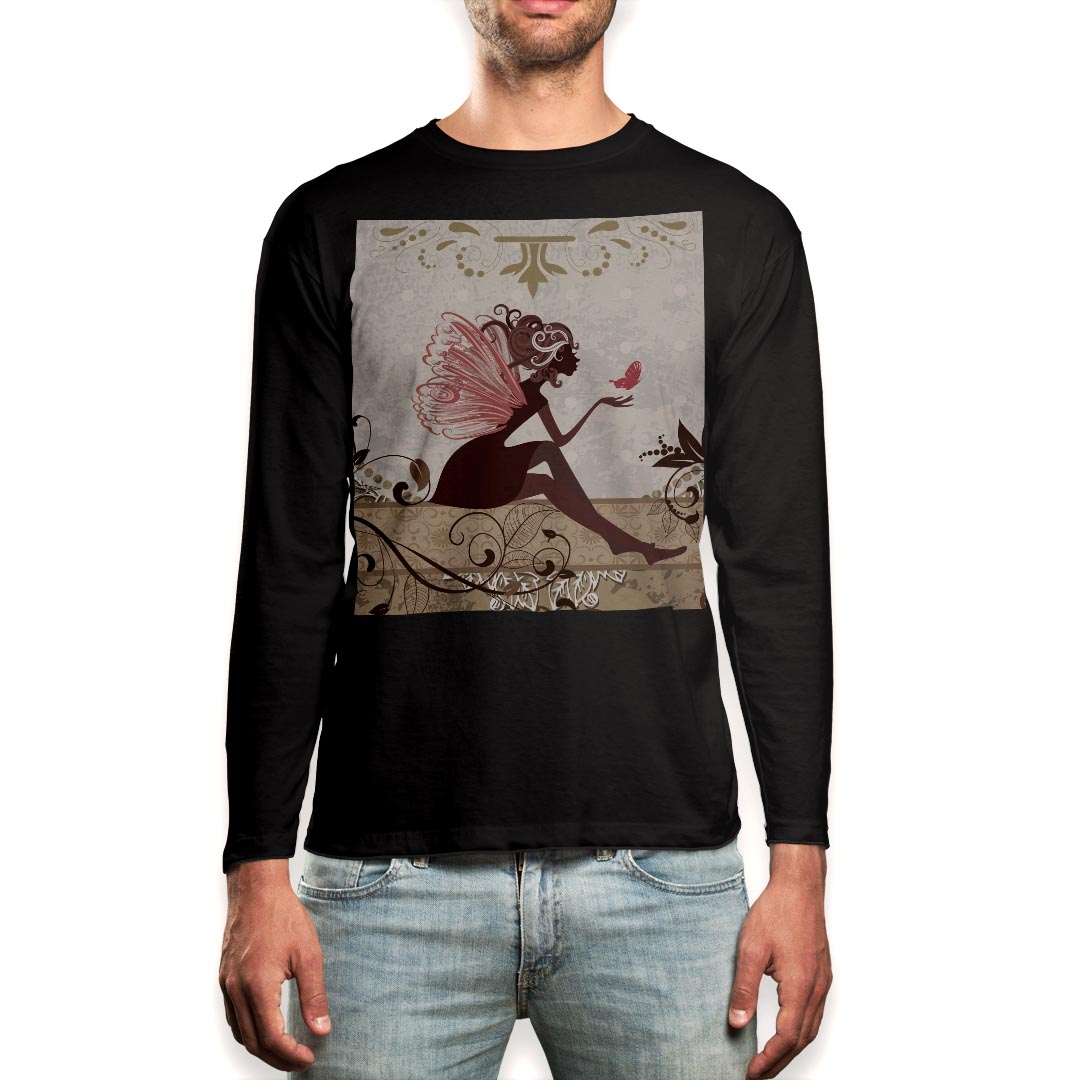 ロング tシャツ メンズ 長袖 ブラック デザイン XS S M L XL 2XL ロンT ティーシャツ 黒 black T shirt long sleeve 007095 人物　蝶