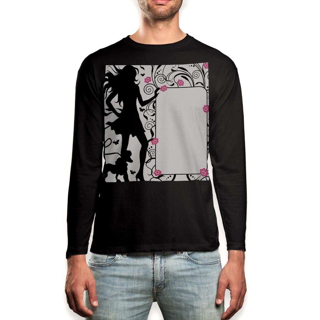 ロング tシャツ メンズ 長袖 ブラック デザイン XS S M L XL 2XL ロンT ティーシャツ 黒 black T shirt long sleeve 007208 花 フラワー 人物