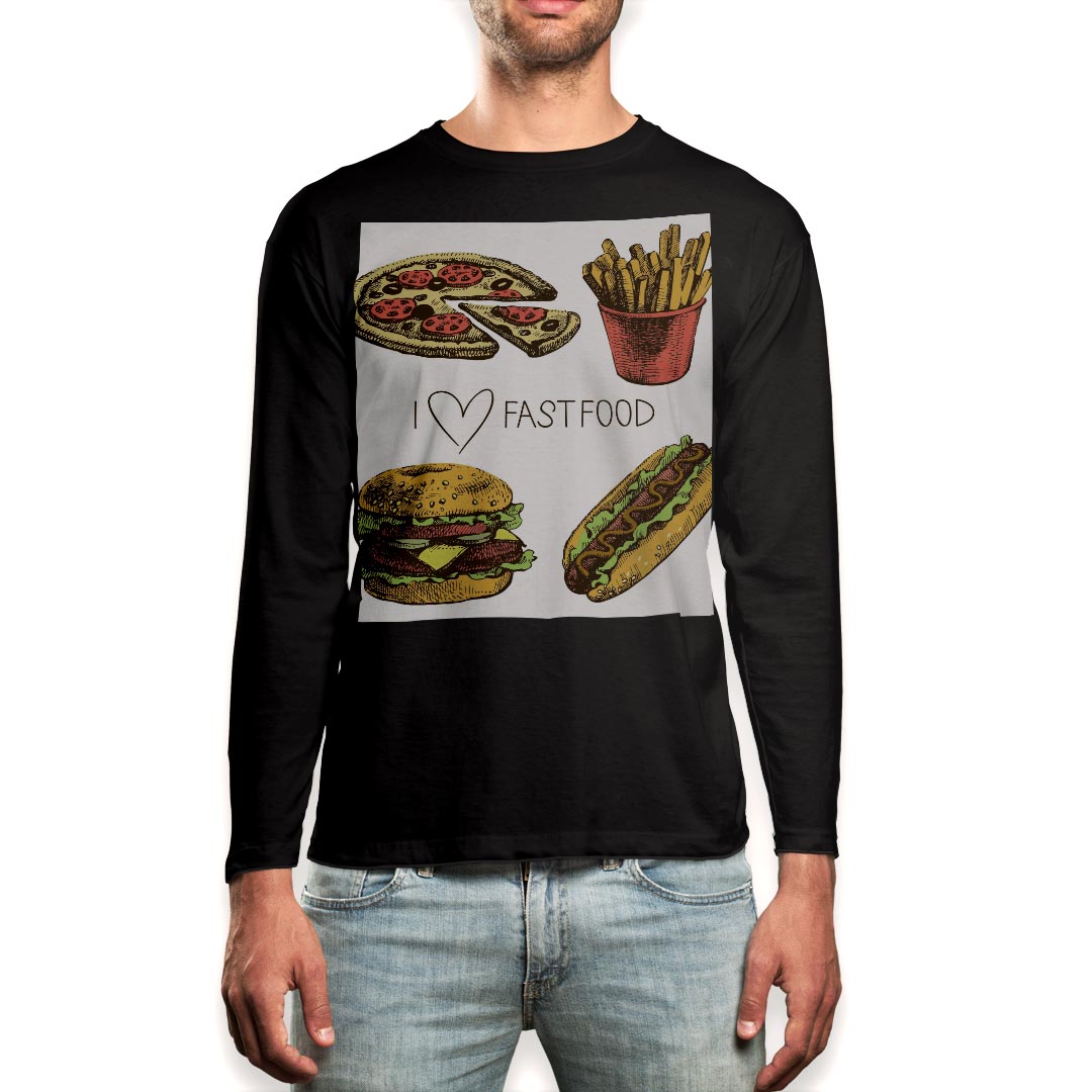 ロング tシャツ メンズ 長袖 ブラック デザイン XS S M L XL 2XL ロンT ティーシャツ 黒 black T shirt long sleeve 007469 フード　食べ物　イラスト　ピザ