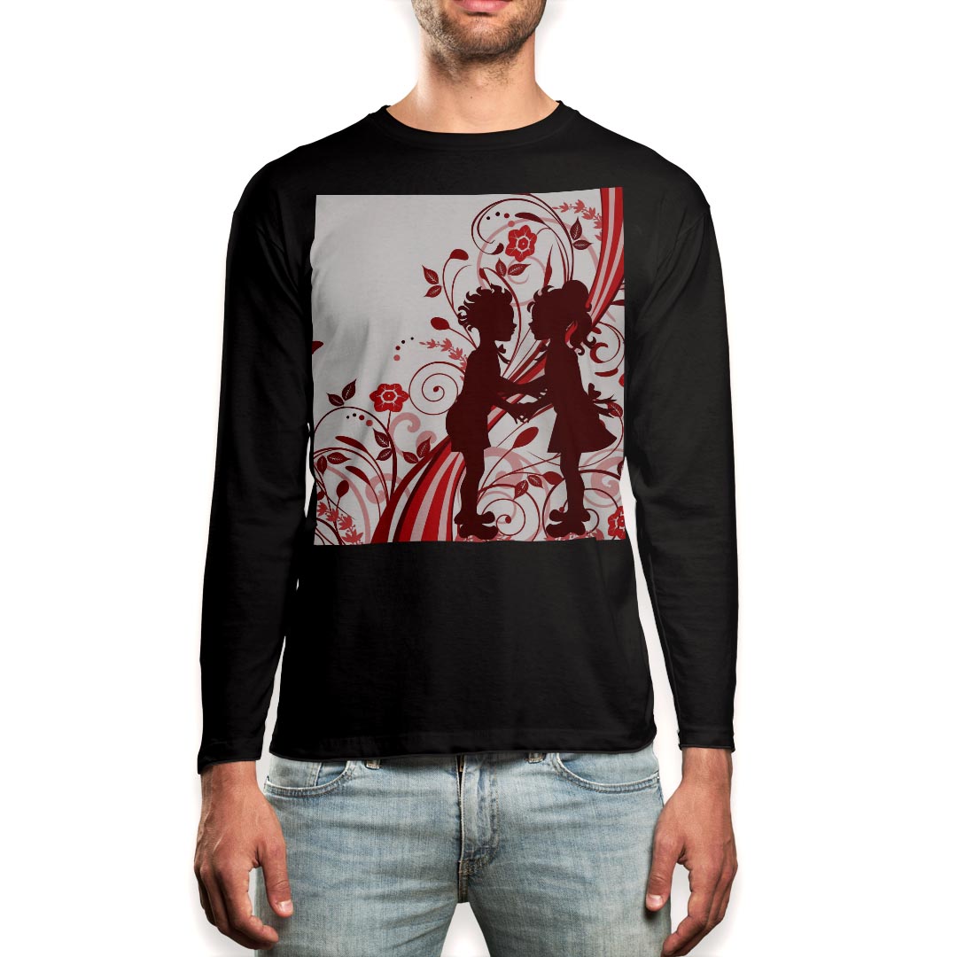 ロング tシャツ メンズ 長袖 ブラック デザイン XS S M L XL 2XL ロンT ティーシャツ 黒 black T shirt long sleeve 007581 人物 花 フラワー 赤 レッド