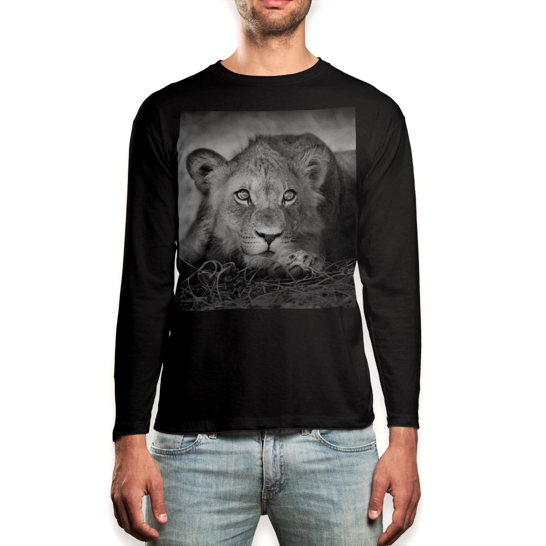 ロング tシャツ メンズ 長袖 ブラック デザイン XS S M L XL 2XL ロンT ティーシャツ 黒 black T shirt long sleeve 007626 写真 モノクロ ライオン