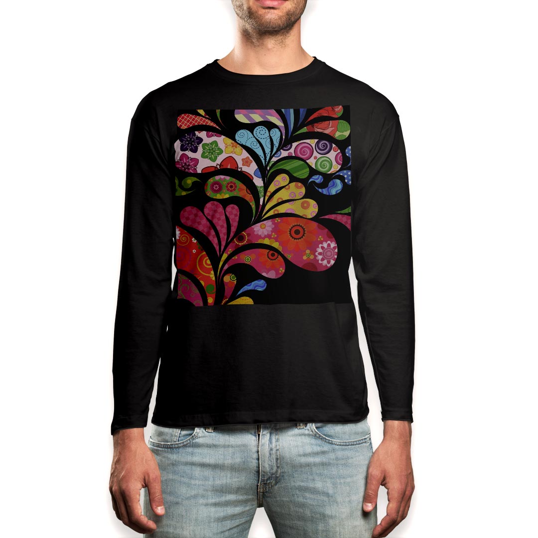 Rakuten - ロング tシャツ メンズ 長袖 ブラック デザイン XS S M L XL 2XL ロンT ティーシャツ 黒 black T shirt long sleeve 007673 花　フラワー　模様　カラフル