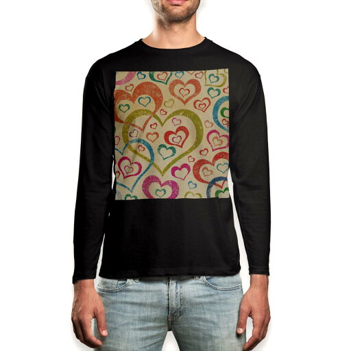 ロング tシャツ メンズ 長袖 ブラック デザイン XS S M L XL 2XL ロンT ティーシャツ 黒 black T shirt long sleeve 007734 ハート カラフル 模様 レトロ ロング tシャツ メンズ 長袖 ブラック デザイン XS S M L XL 2XL ロンT ティーシャツ 黒 black T shirt long sleeve 007734 ハート カラフル 模様 レトロ