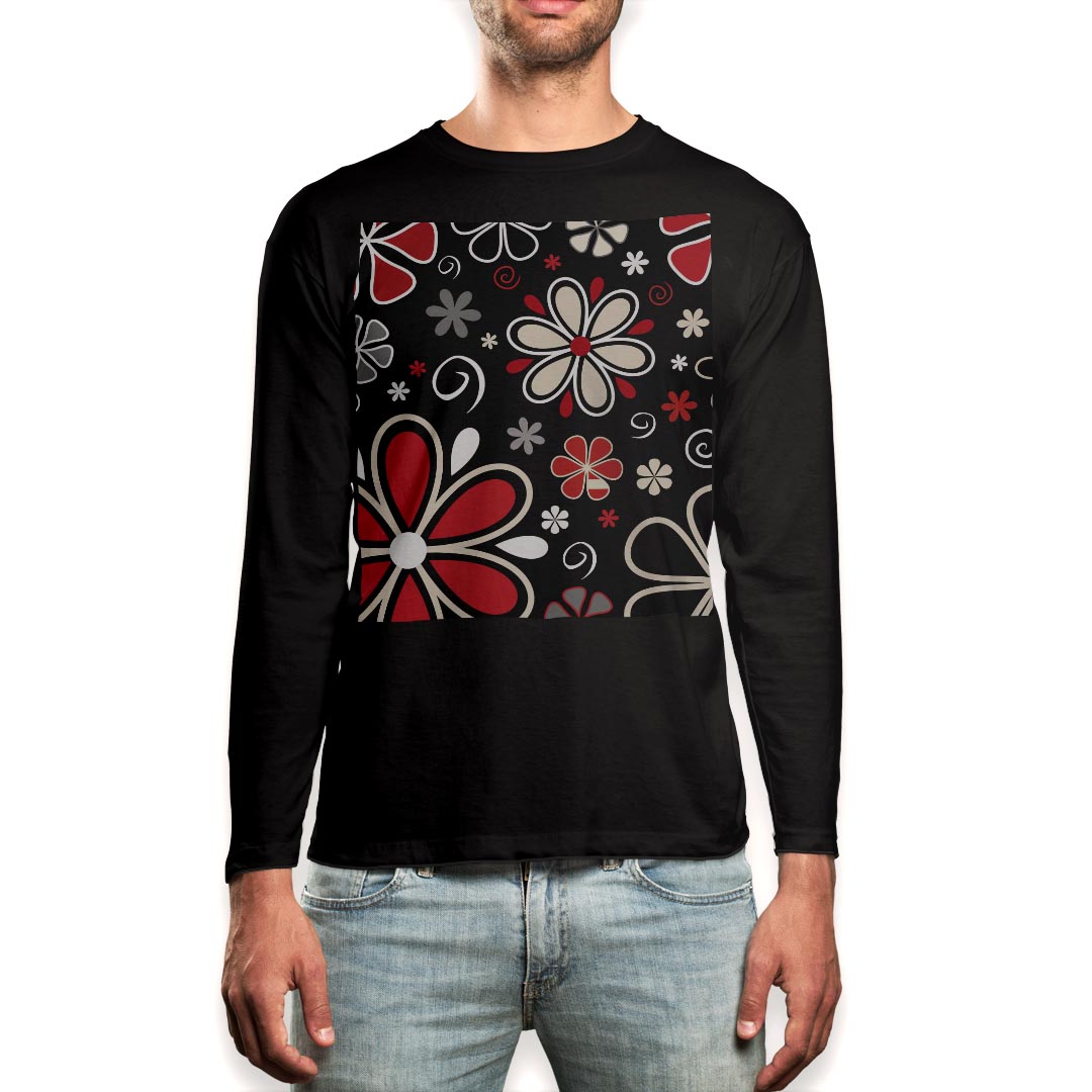 Long-Sleeved - ロング tシャツ メンズ 長袖 ブラック デザイン XS S M L XL 2XL ロンT ティーシャツ 黒 black T shirt long sleeve 007735 花　フラワー　赤　レッド　模様
