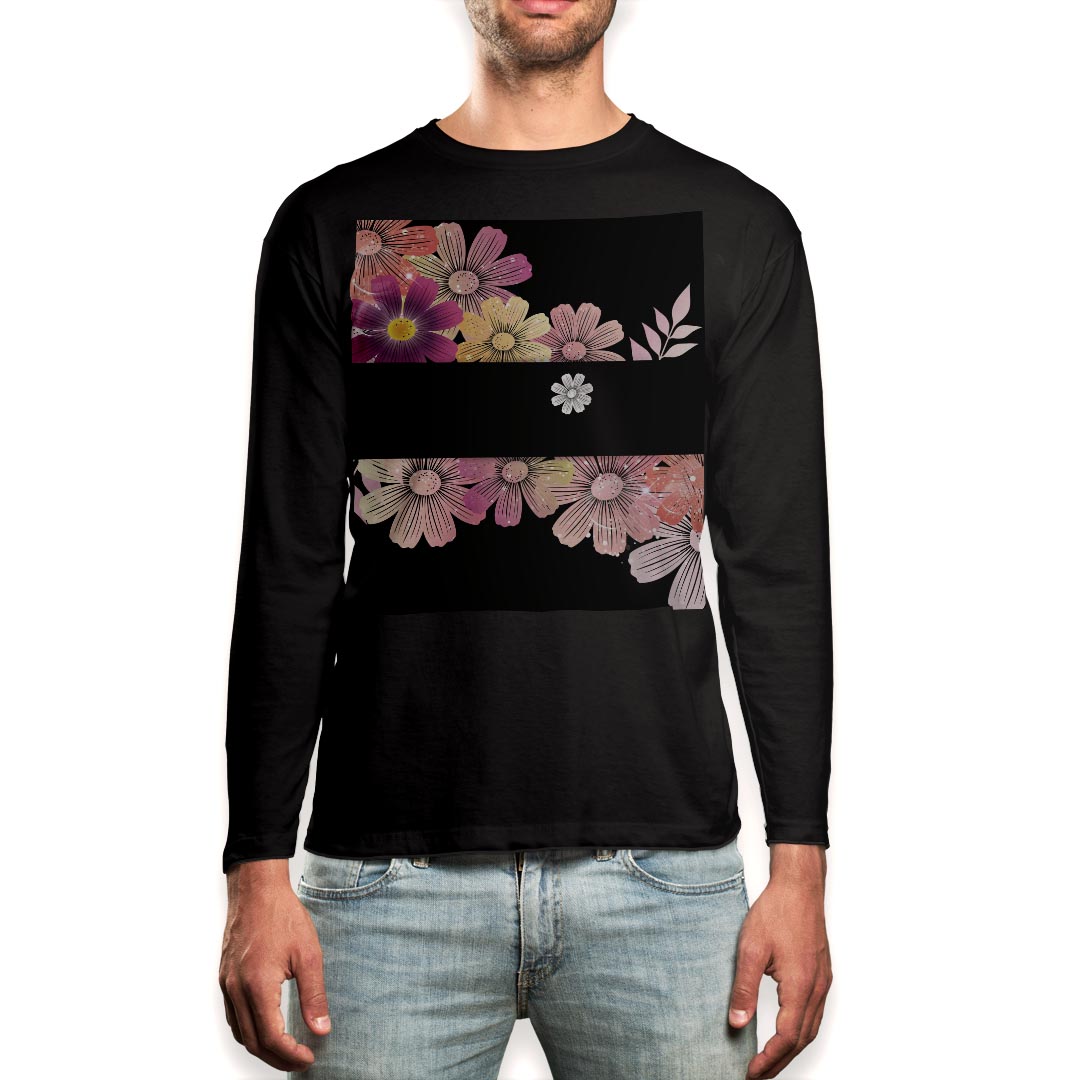 ロング tシャツ メンズ 長袖 ブラック デザイン XS S M L XL 2XL ロンT ティーシャツ 黒 black T shirt long sleeve 007759 花　フラワー　黒　ブラック