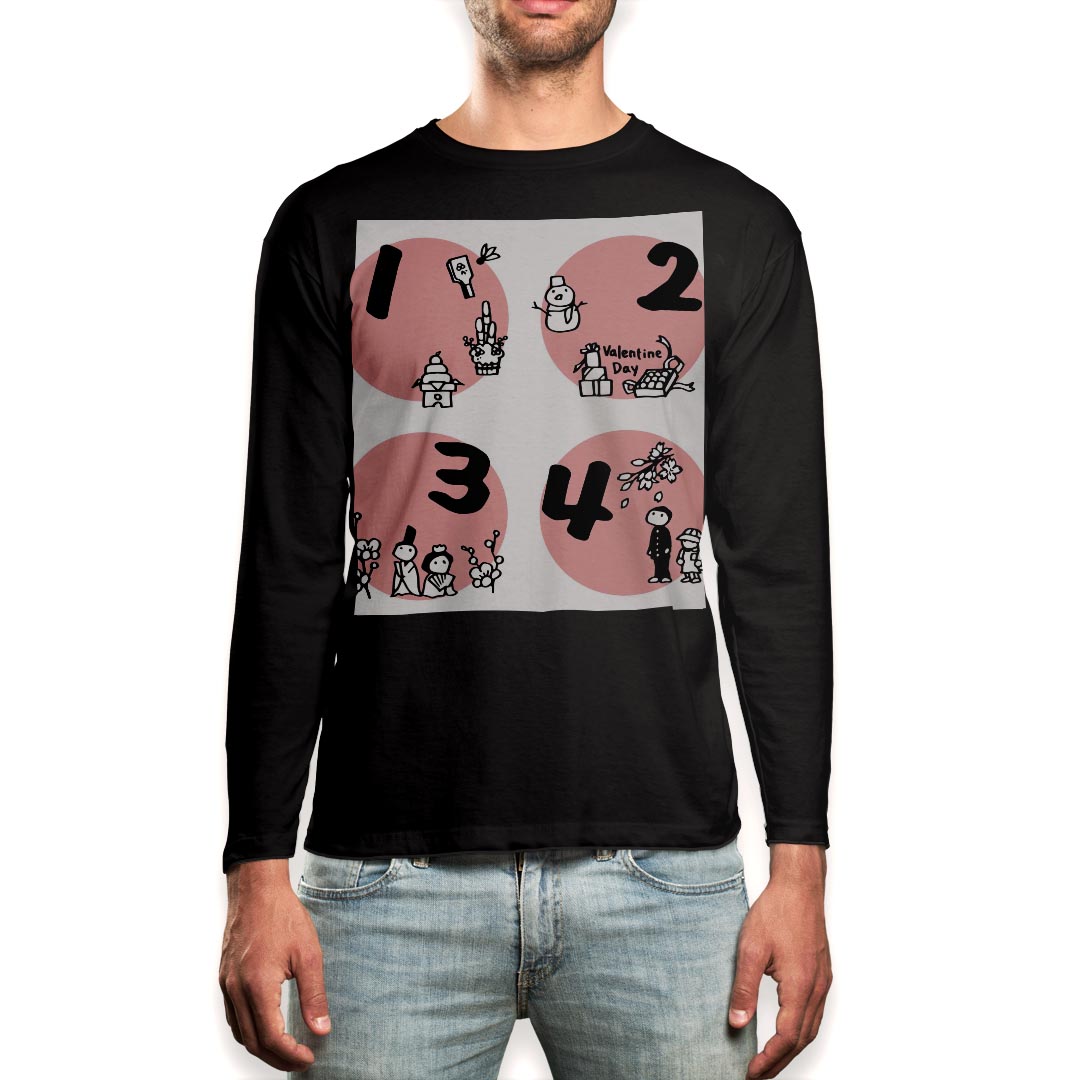 ロング tシャツ メンズ 長袖 ブラック デザイン XS S M L XL 2XL ロンT ティーシャツ 黒 black T shirt long sleeve 007767 カレンダー 春 月