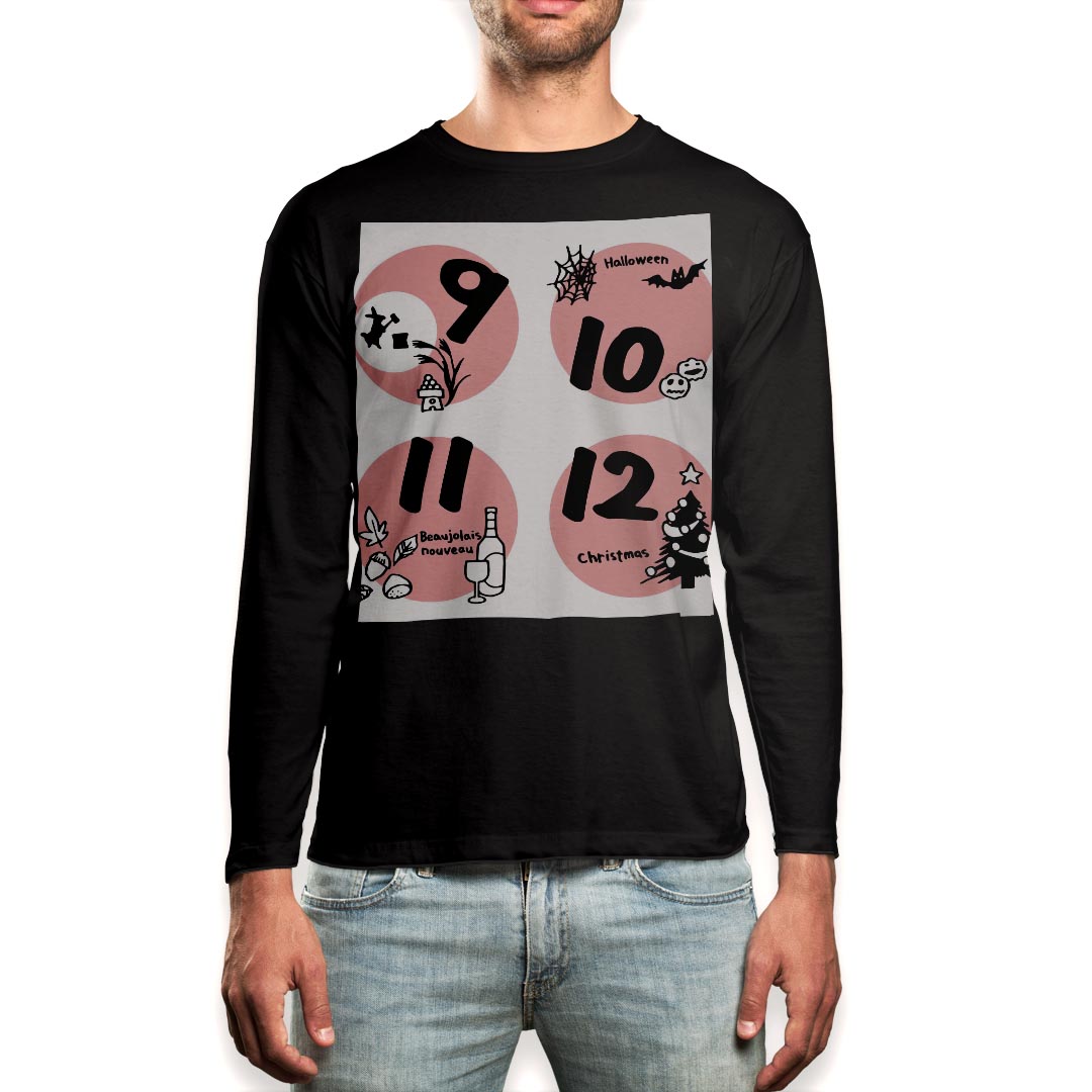 ロング tシャツ メンズ 長袖 ブラック デザイン XS S M L XL 2XL ロンT ティーシャツ 黒 black T shirt long sleeve 007769 カレンダー 秋 冬 月