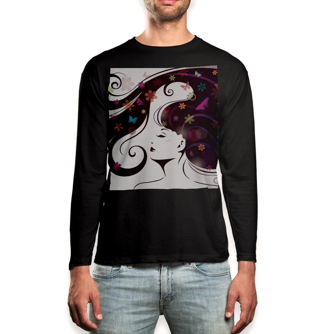 ロング tシャツ メンズ 長袖 ブラック デザイン XS S M L XL 2XL ロンT ティーシャツ 黒 black T shirt long sleeve 007782 花 フラワー 人物 カラフル レインボー