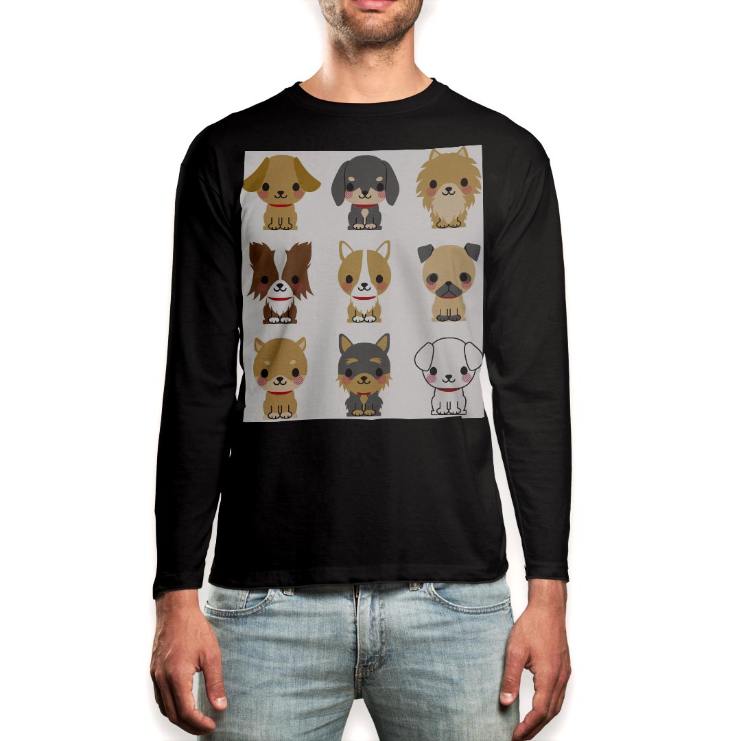 Long-Sleeved - ロング tシャツ メンズ 長袖 ブラック デザイン XS S M L XL 2XL ロンT ティーシャツ 黒 black T shirt long sleeve 007882 犬　いぬ　イラスト　柴犬　プードル