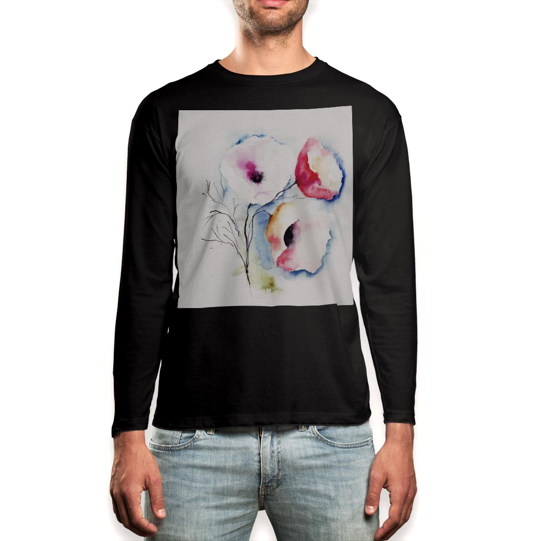 ロング tシャツ メンズ 長袖 ブラック デザイン XS S M L XL 2XL ロンT ティーシャツ 黒 black T shirt long sleeve 007930 花 フラワー 水彩