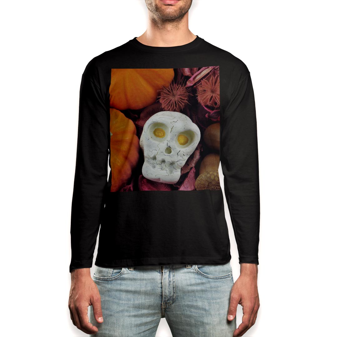 ロング tシャツ メンズ 長袖 ブラック デザイン XS S M L XL 2XL ロンT ティーシャツ 黒 black T shirt long sleeve 007956 写真 カボチャ ハロウィン 骸骨 ドクロ