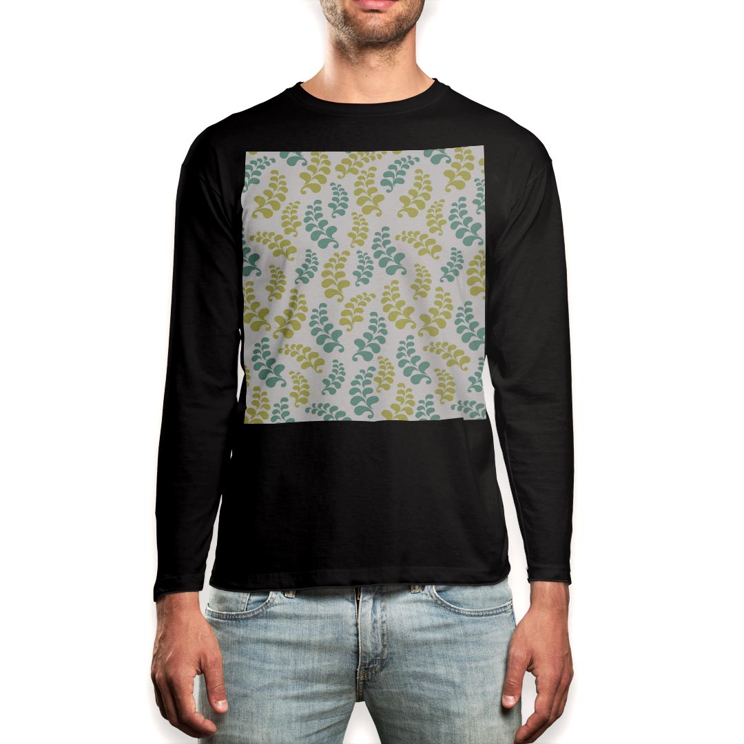 ロング tシャツ メンズ 長袖 ブラック デザイン XS S M L XL 2XL ロンT ティーシャツ 黒 black T shirt long sleeve 007986 黄緑 植物 模様 水色