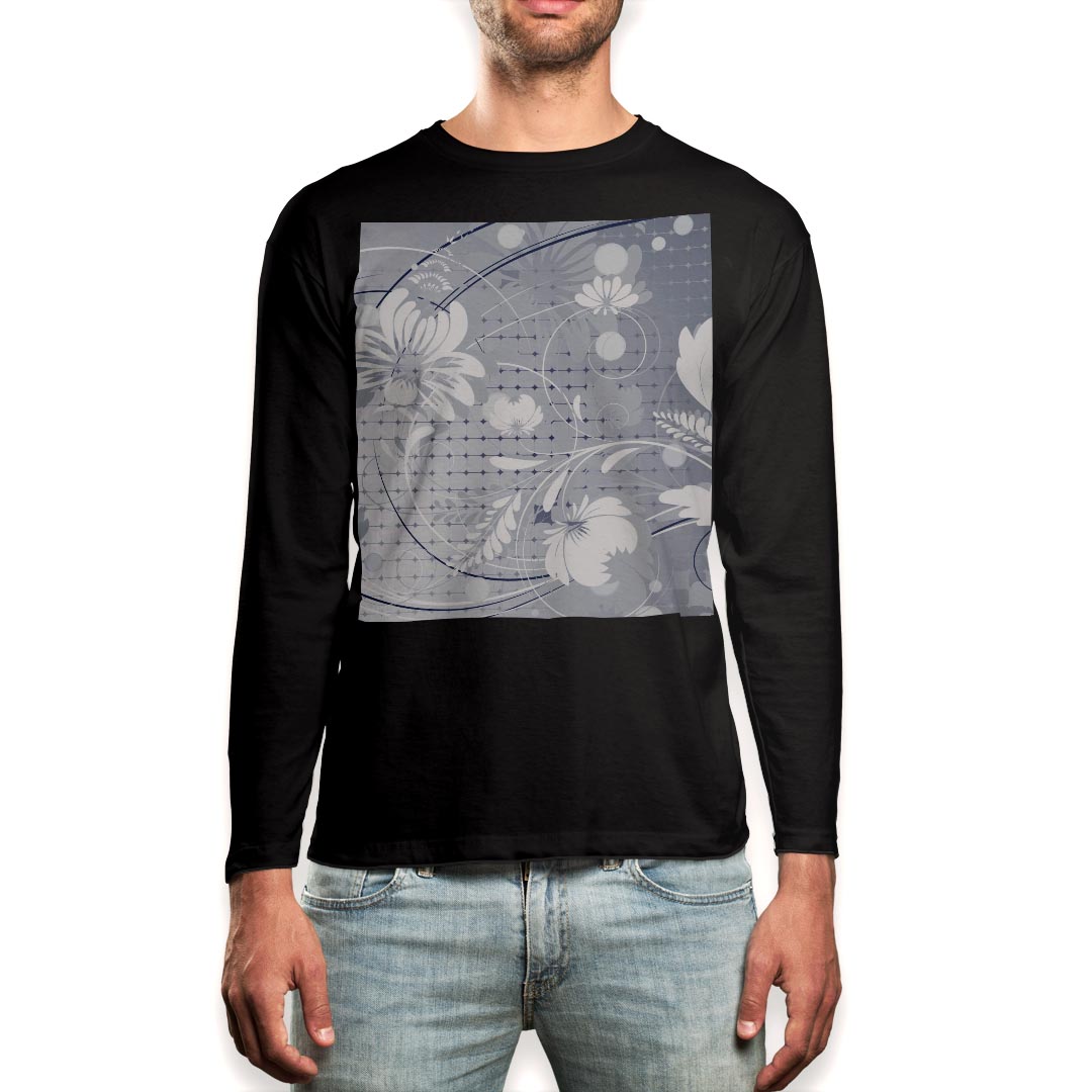 ロング tシャツ メンズ 長袖 ブラック デザイン XS S M L XL 2XL ロンT ティーシャツ 黒 black T shirt long sleeve 008045 花 フラワー 白 ホワイト