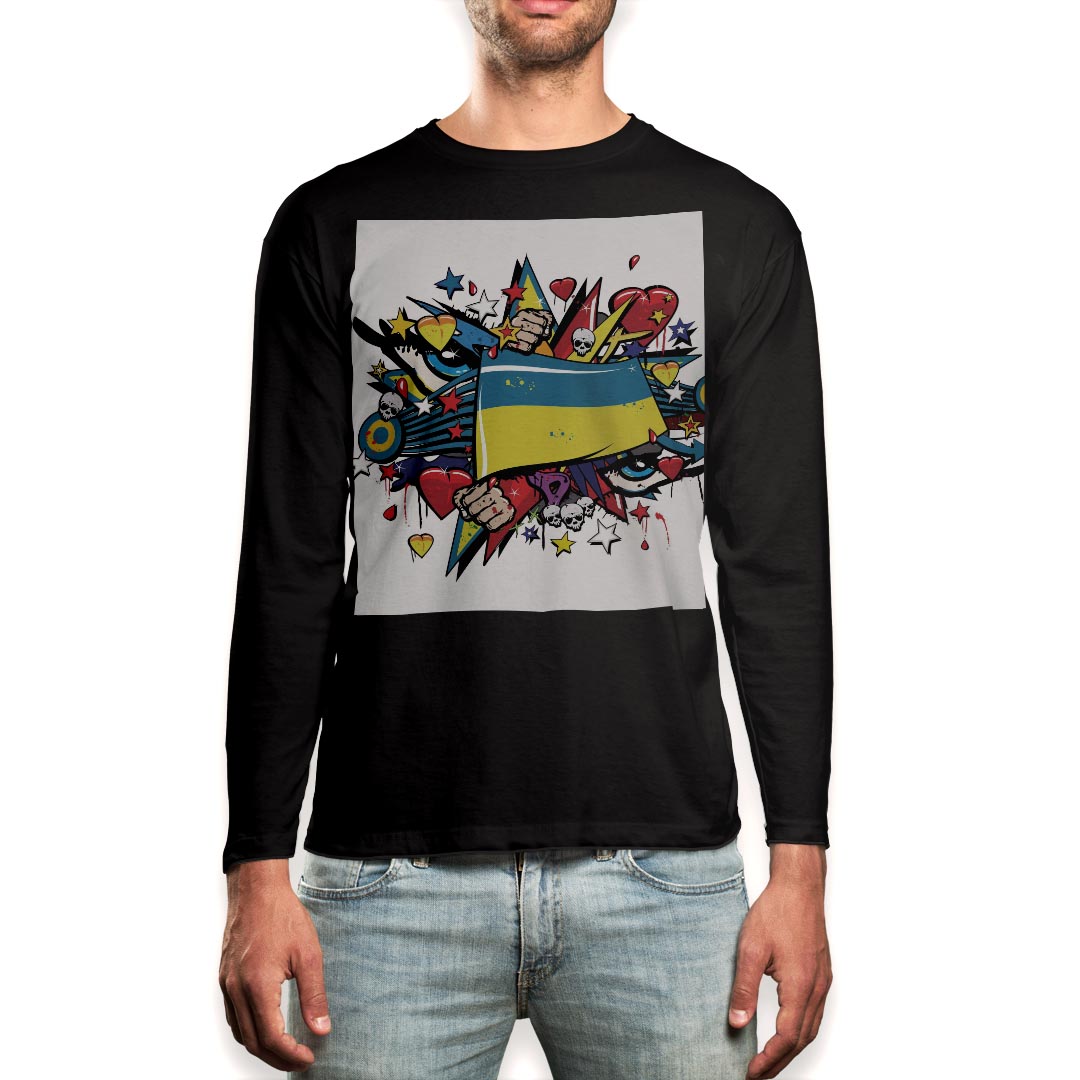 ロング tシャツ メンズ 長袖 ブラック デザイン XS S M L XL 2XL ロンT ティーシャツ 黒 black T shirt long sleeve 008050 イラスト ハート 目 星 カラフル