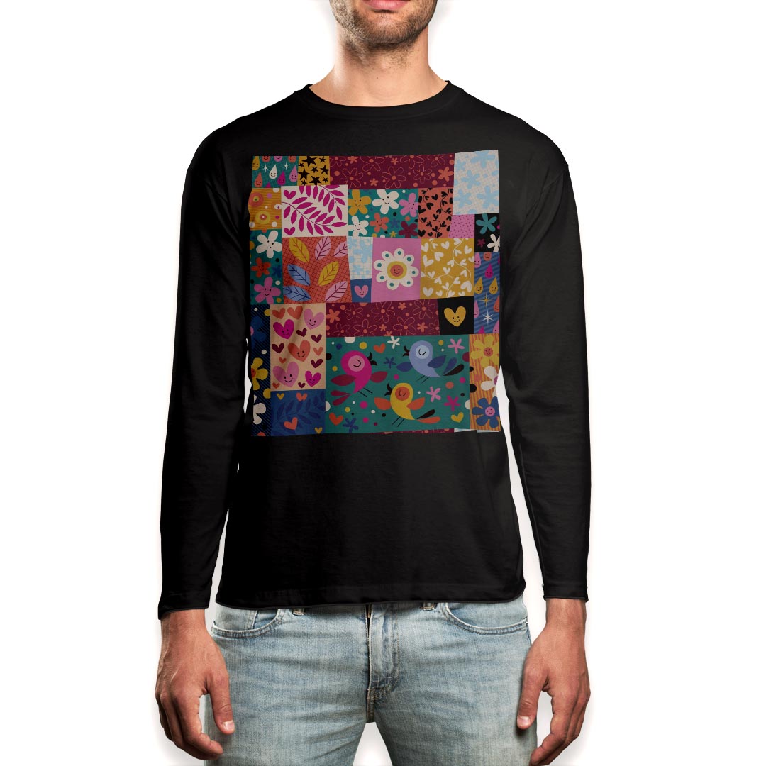 Other - ロング tシャツ メンズ 長袖 ブラック デザイン XS S M L XL 2XL ロンT ティーシャツ 黒 black T shirt long sleeve 008075 花　フラワー　ハート　鳥　カラフル
