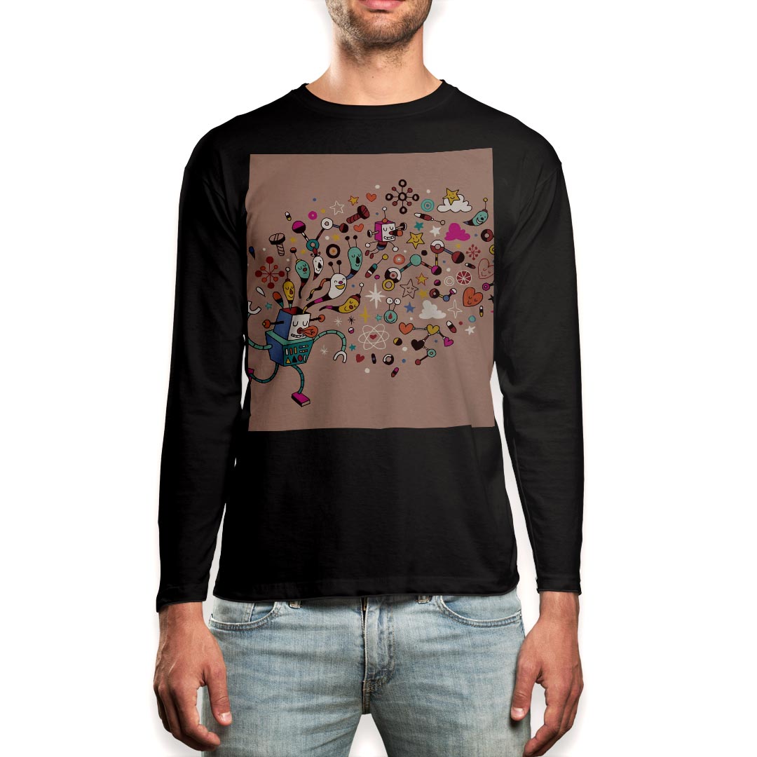 ロング tシャツ メンズ 長袖 ブラック デザイン XS S M L XL 2XL ロンT ティーシャツ 黒 black T shirt long sleeve 008079 ロボット イラスト キャラクター カラフル