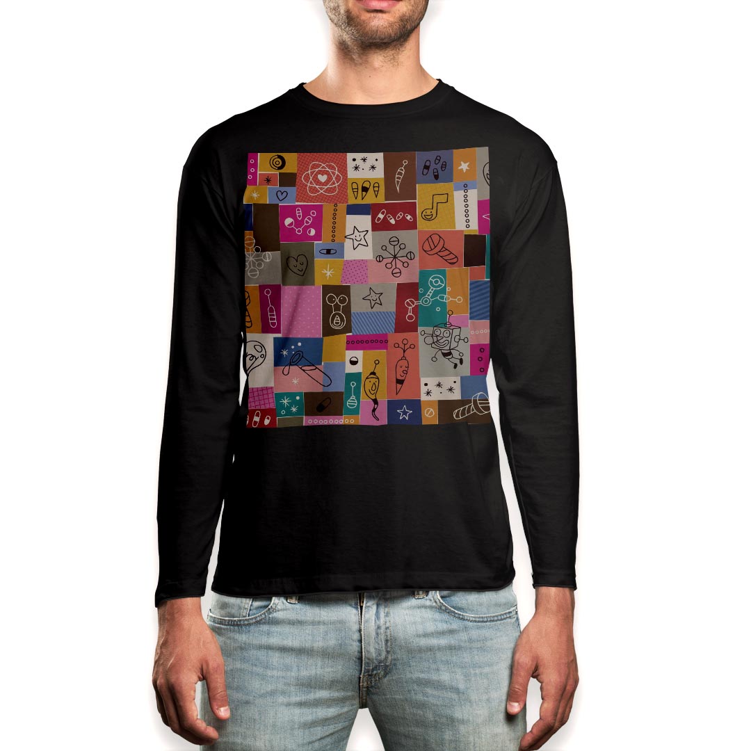 ロング tシャツ メンズ 長袖 ブラック デザイン XS S M L XL 2XL ロンT ティーシャツ 黒 black T shirt long sleeve 008087 ハート　イラスト　カラフル　模様