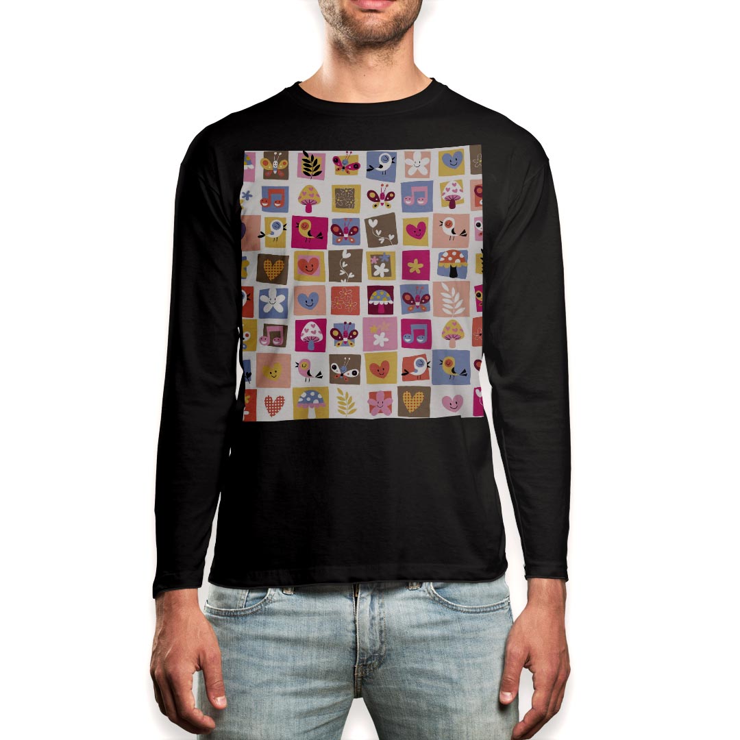 Other - ロング tシャツ メンズ 長袖 ブラック デザイン XS S M L XL 2XL ロンT ティーシャツ 黒 black T shirt long sleeve 008141 カラフル　ハート　鳥　花　フラワー
