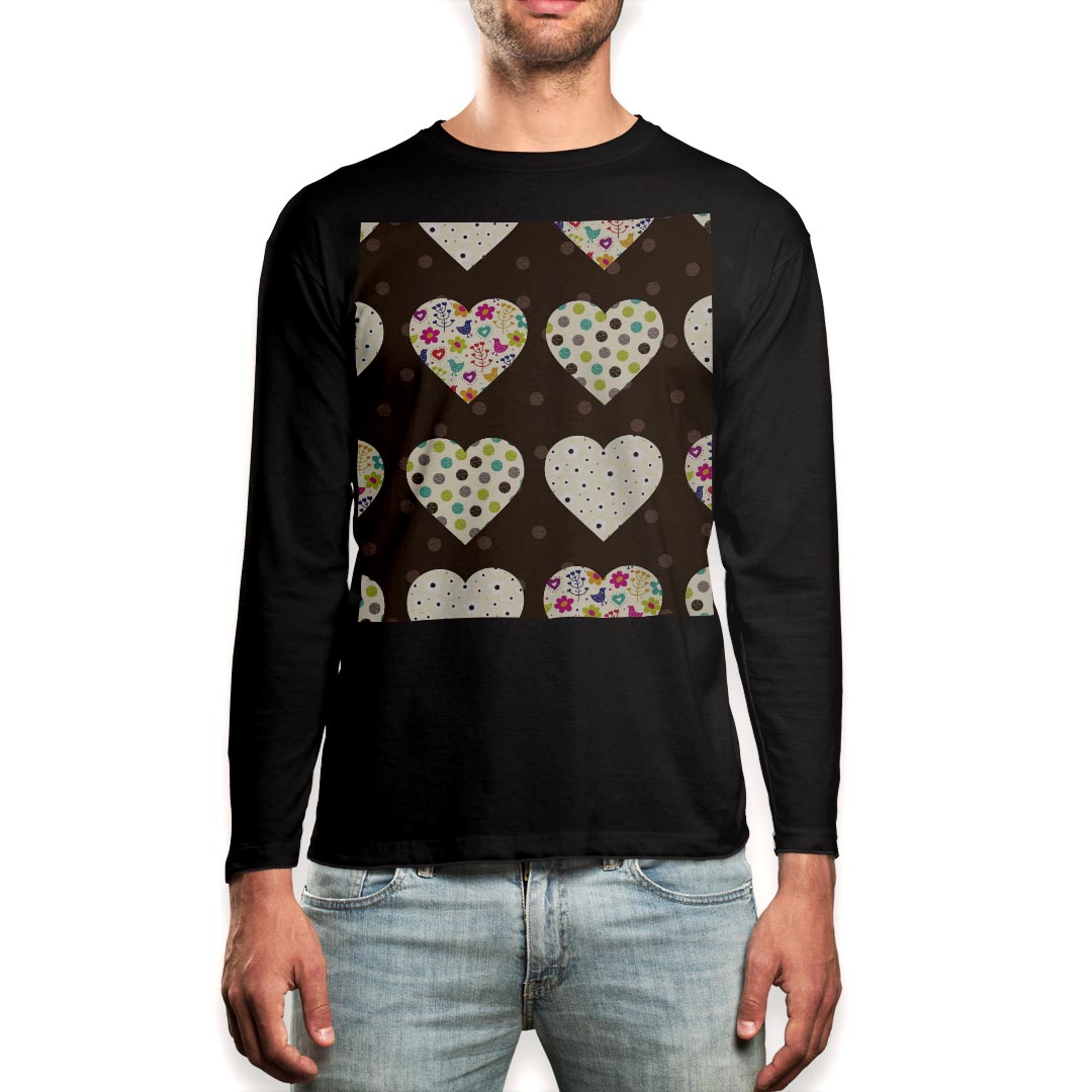 Long-Sleeved - ロング tシャツ メンズ 長袖 ブラック デザイン XS S M L XL 2XL ロンT ティーシャツ 黒 black T shirt long sleeve 008155 花　フラワー　ハート　模様　水玉