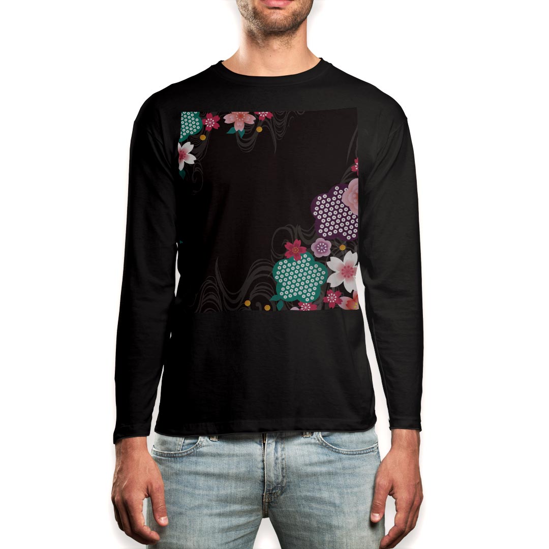 ロング tシャツ メンズ 長袖 ブラック デザイン XS S M L XL 2XL ロンT ティーシャツ 黒 black T shirt long sleeve 008179 和風 和柄 花 フラワー