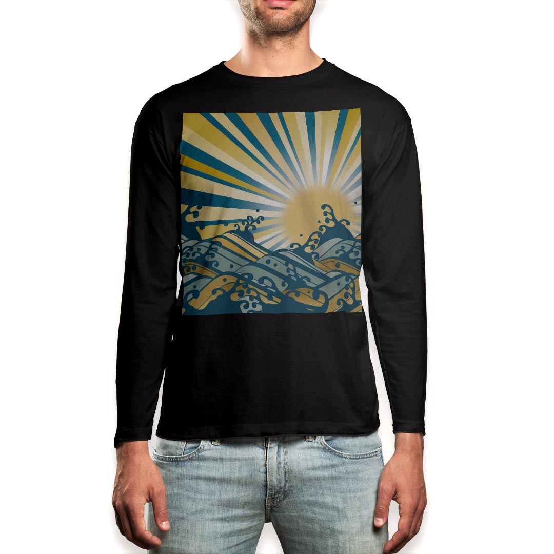 ロング tシャツ メンズ 長袖 ブラック デザイン XS S M L XL 2XL ロンT ティーシャツ 黒 black T shirt long sleeve 008182 波　海　朝日　イエロー　ブルー