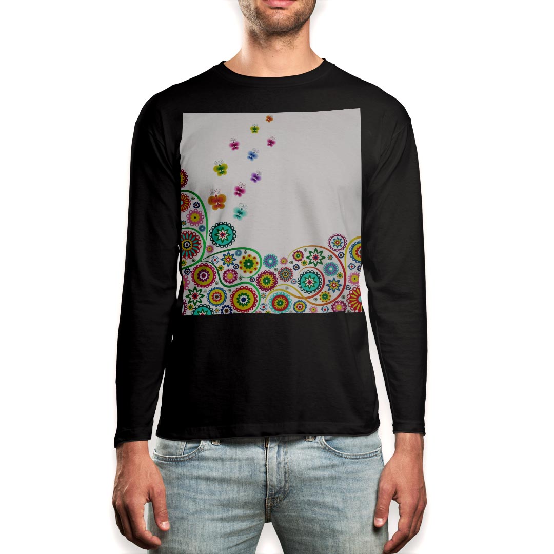 ロング tシャツ メンズ 長袖 ブラック デザイン XS S M L XL 2XL ロンT ティーシャツ 黒 black T shirt long sleeve 008205 花　フラワー　カラフル　レインボー　蝶(4.0)