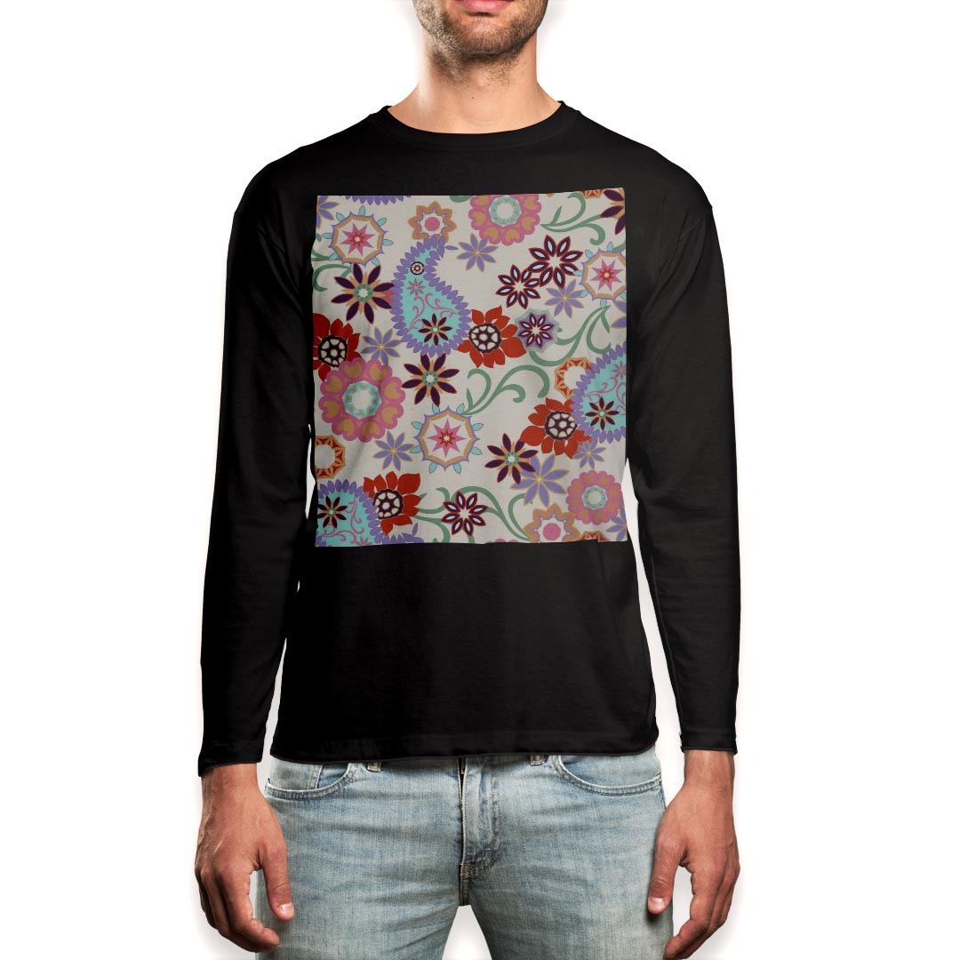 ロング tシャツ メンズ 長袖 ブラック デザイン XS S M L XL 2XL ロンT ティーシャツ 黒 black T shirt long sleeve 008238 カラフル　花　フラワー　模様
