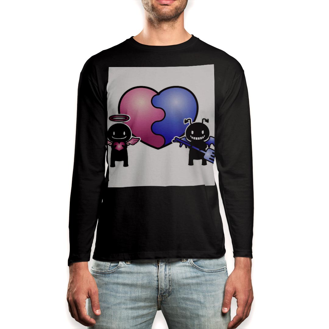 ロング tシャツ メンズ 長袖 ブラック デザイン XS S M L XL 2XL ロンT ティーシャツ 黒 black T shirt long sleeve 008242 ハート 天使 悪魔 イラスト