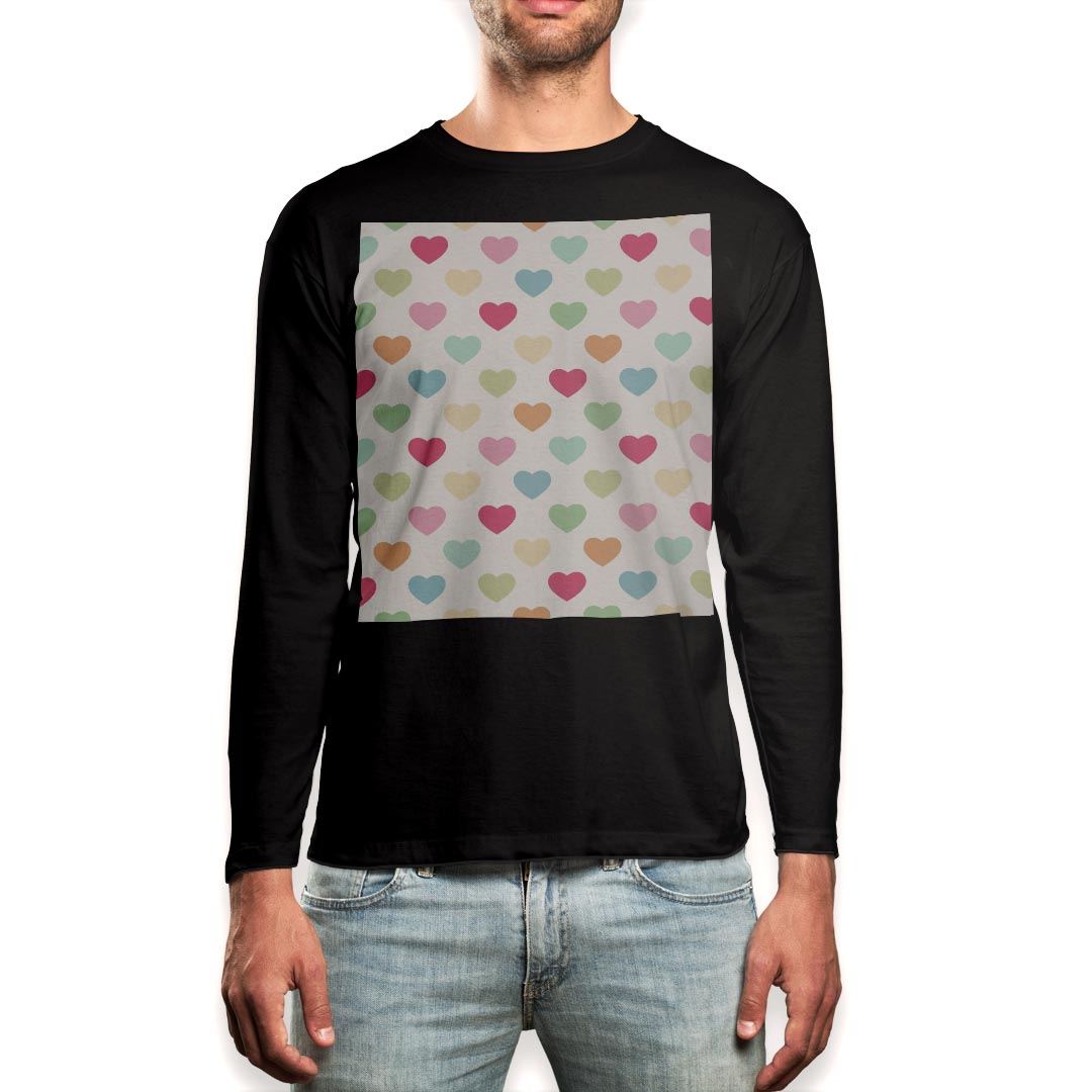 Crew Neck - ロング tシャツ メンズ 長袖 ブラック デザイン XS S M L XL 2XL ロンT ティーシャツ 黒 black T shirt long sleeve 008398 ハート　パステル　カラフル　模様