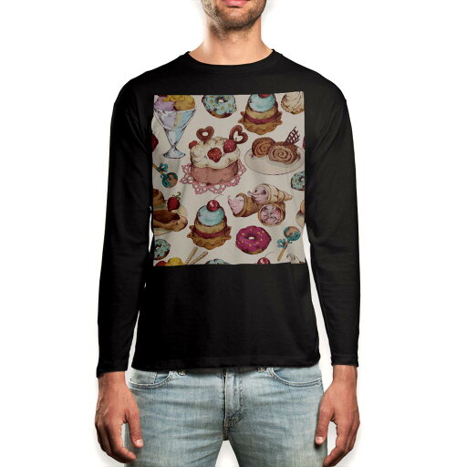 ロング tシャツ メンズ 長袖 ブラック デザイン XS S M L XL 2XL ロンT ティーシャツ 黒 black T shirt long sleeve 008480 お菓子 スイーツ イラスト カラフル ロング tシャツ メンズ 長袖 ブラック デザイン XS S M L XL 2XL ロンT ティーシャツ 黒 black T shirt long sleeve 008480 お菓子 スイーツ イラスト カラフル