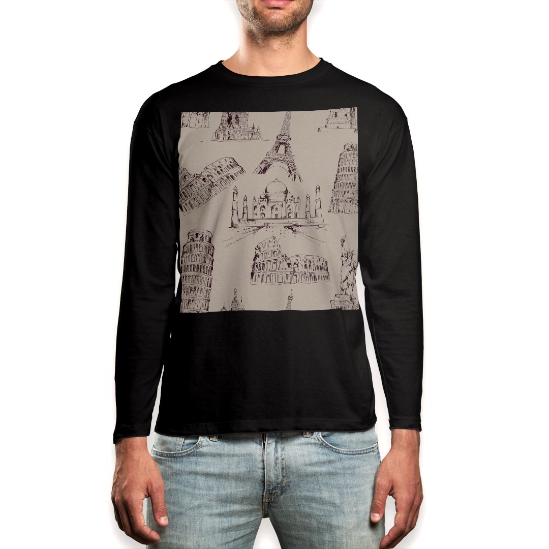 ロング tシャツ メンズ 長袖 ブラック デザイン XS S M L XL 2XL ロンT ティーシャツ 黒 black T shirt long sleeve 008489 イラスト　建物　模様　エッフェル塔