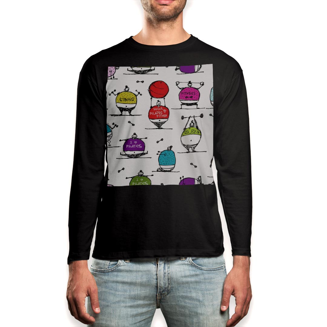 ロング tシャツ メンズ 長袖 ブラック デザイン XS S M L XL 2XL ロンT ティーシャツ 黒 black T shirt long sleeve 008610 イラスト カラフル 人物 ダイエット