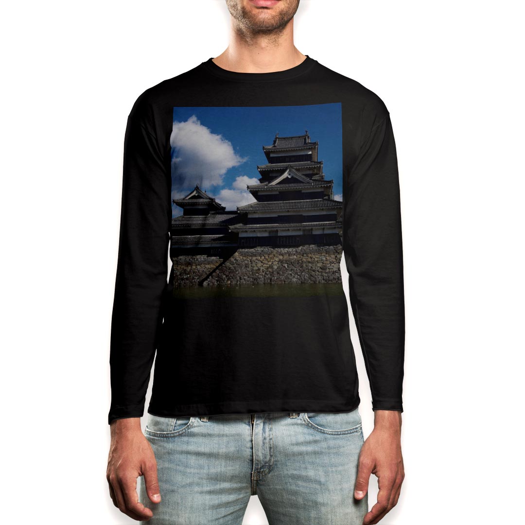 ロング tシャツ メンズ 長袖 ブラック デザイン XS S M L XL 2XL ロンT ティーシャツ 黒 black T shirt long sleeve 008626 写真　城　空　青　ブルー