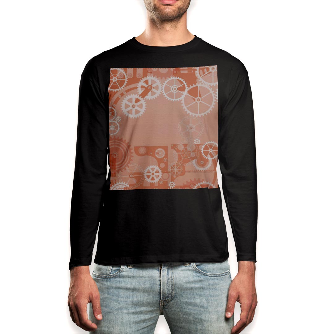 Long-Sleeved - ロング tシャツ メンズ 長袖 ブラック デザイン XS S M L XL 2XL ロンT ティーシャツ 黒 black T shirt long sleeve 008665 歯車　オレンジ　模様