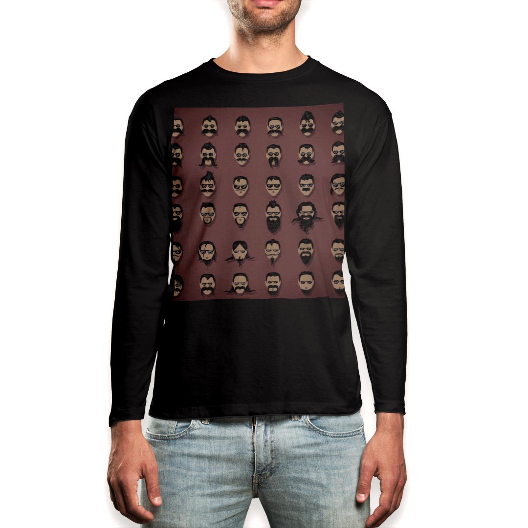 Crew Neck - ロング tシャツ メンズ 長袖 ブラック デザイン XS S M L XL 2XL ロンT ティーシャツ 黒 black T shirt long sleeve 008703 人物　イラスト　ヒゲ