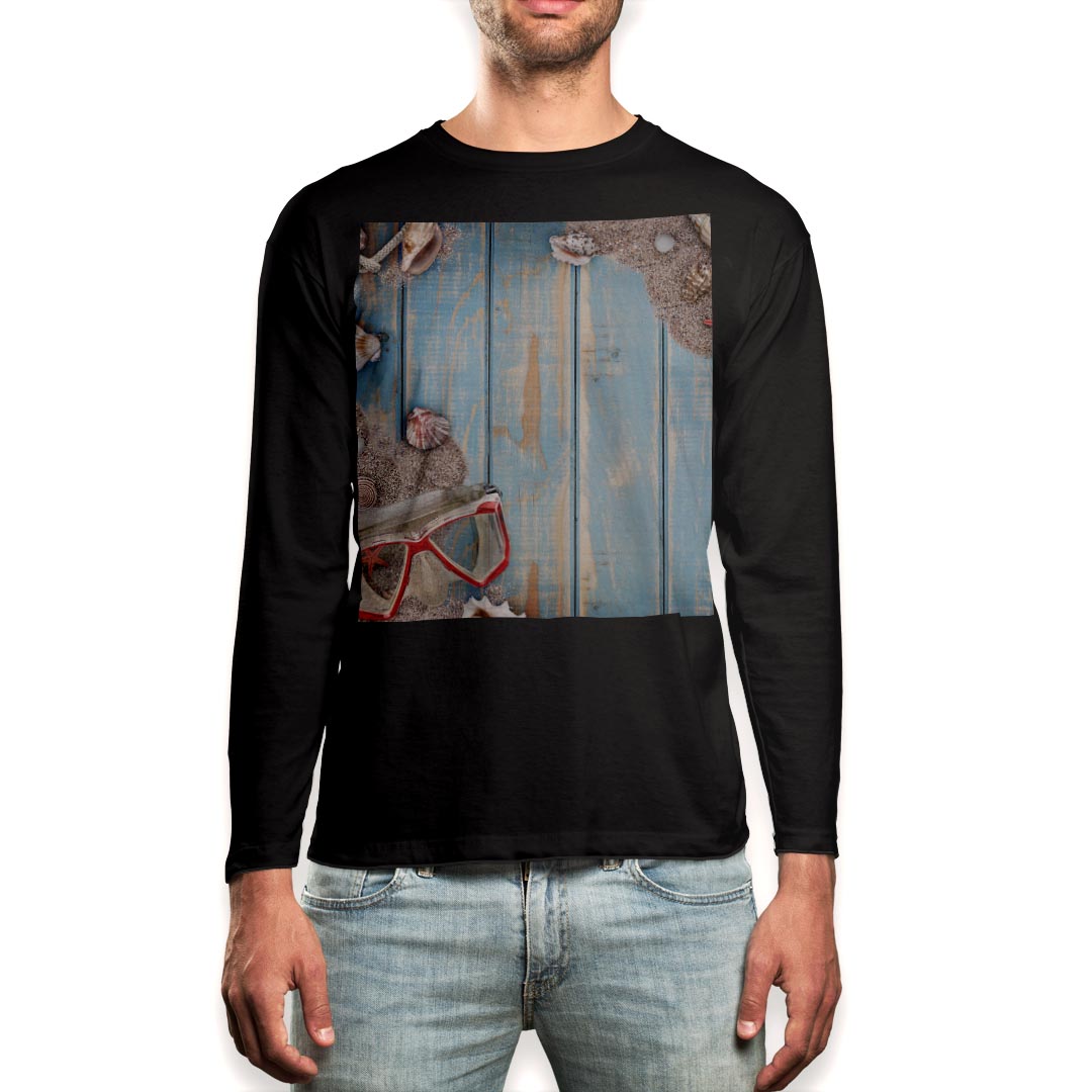 ロング tシャツ メンズ 長袖 ブラック デザイン XS S M L XL 2XL ロンT ティーシャツ 黒 black T shirt long sleeve 008876 写真　海　夏　貝殻
