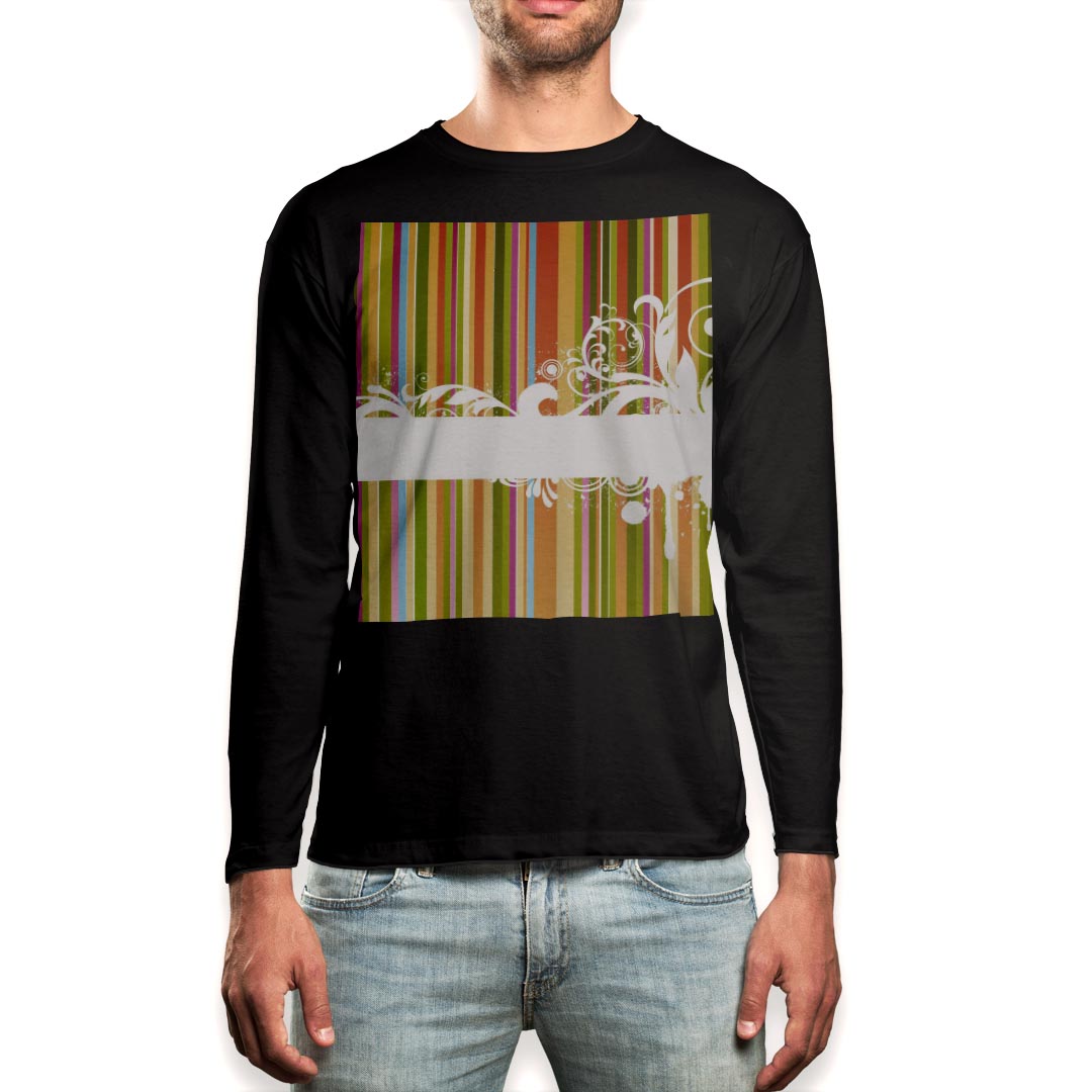 ロング tシャツ メンズ 長袖 ブラック デザイン XS S M L XL 2XL ロンT ティーシャツ 黒 black T shirt long sleeve 008937 花　フラワー　ストライプ　カラフル