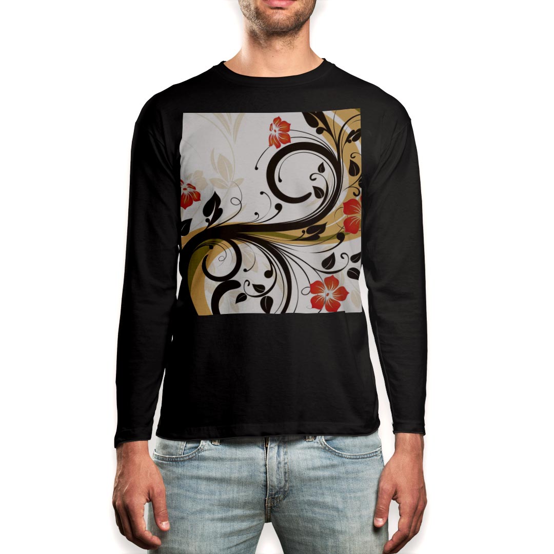 ロング tシャツ メンズ 長袖 ブラック デザイン XS S M L XL 2XL ロンT ティーシャツ 黒 black T shirt long sleeve 008943 花　フラワー