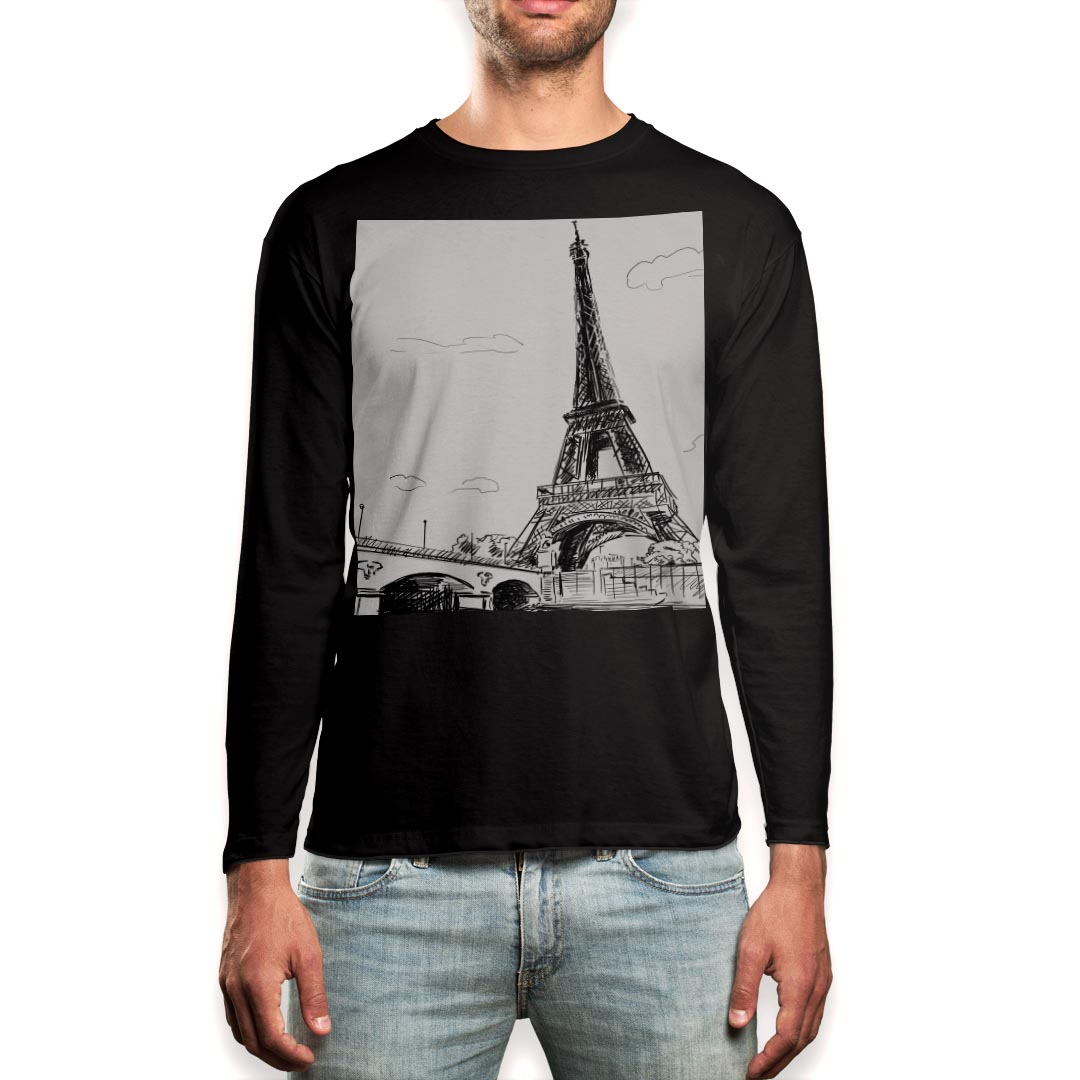 ロング tシャツ メンズ 長袖 ブラック デザイン XS S M L XL 2XL ロンT ティーシャツ 黒 black T shirt long sleeve 009168 モノクロ 風景 白 黒