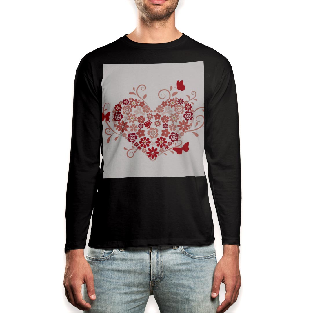 ロング tシャツ メンズ 長袖 ブラック デザイン XS S M L XL 2XL ロンT ティーシャツ 黒 black T shirt long sleeve 009198 花　フラワー　ハート　赤(4)