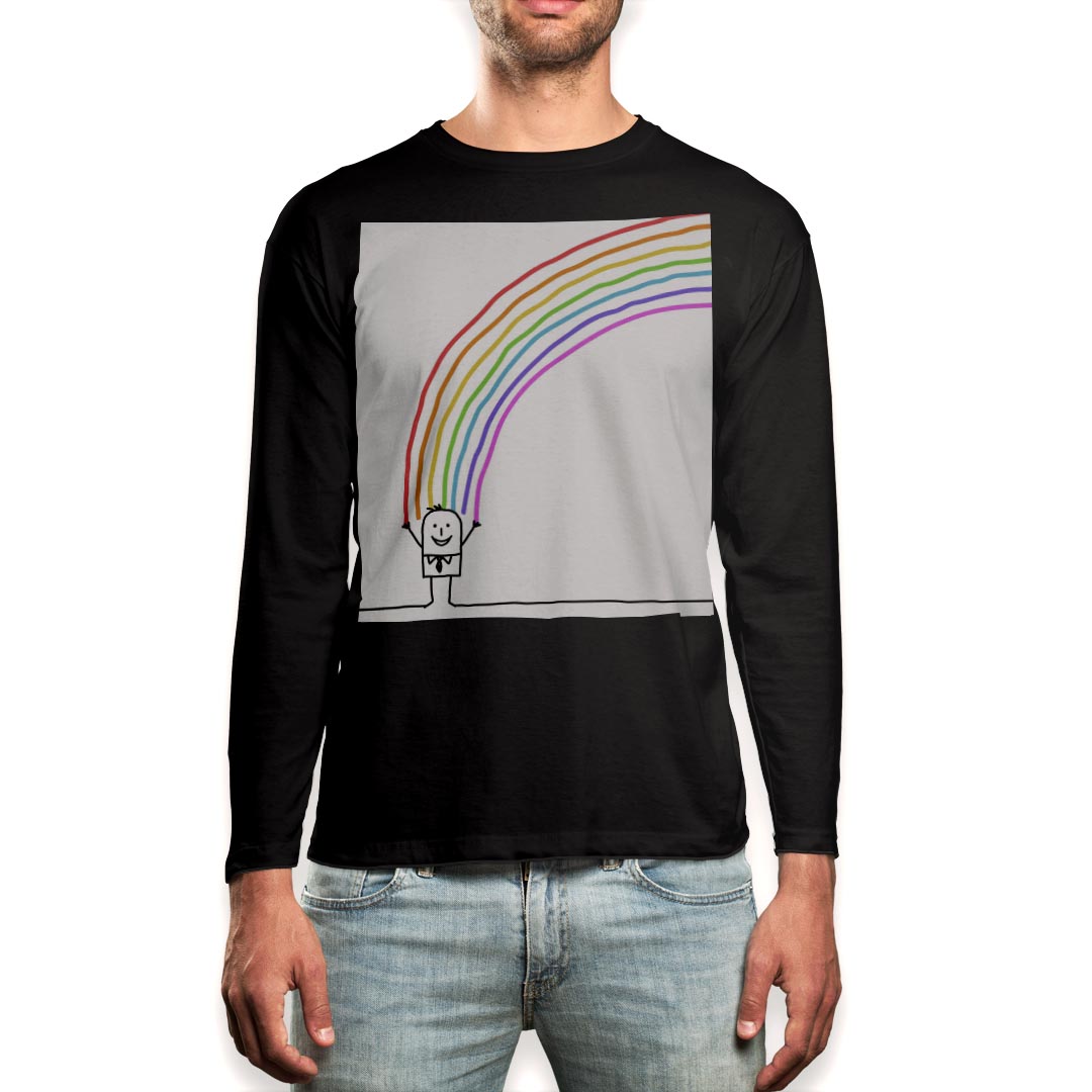 乐天商城 - ロング tシャツ メンズ 長袖 ブラック デザイン XS S M L XL 2XL ロンT ティーシャツ 黒 black T shirt long sleeve 009233 キャラクター　カラフル　虹