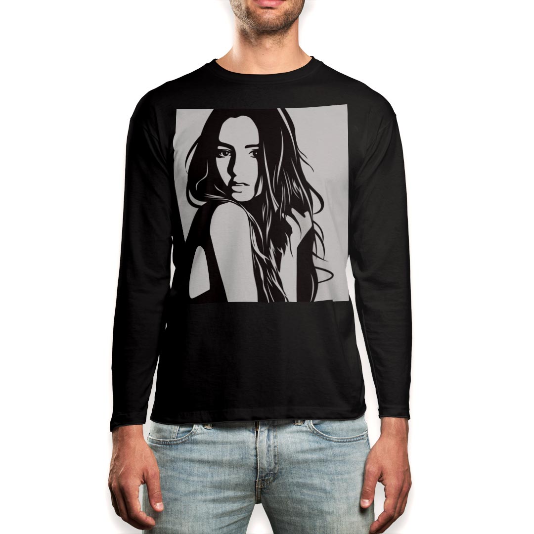 Long-Sleeved - ロング tシャツ メンズ 長袖 ブラック デザイン XS S M L XL 2XL ロンT ティーシャツ 黒 black T shirt long sleeve 009382 人物　イラスト　モノクロ