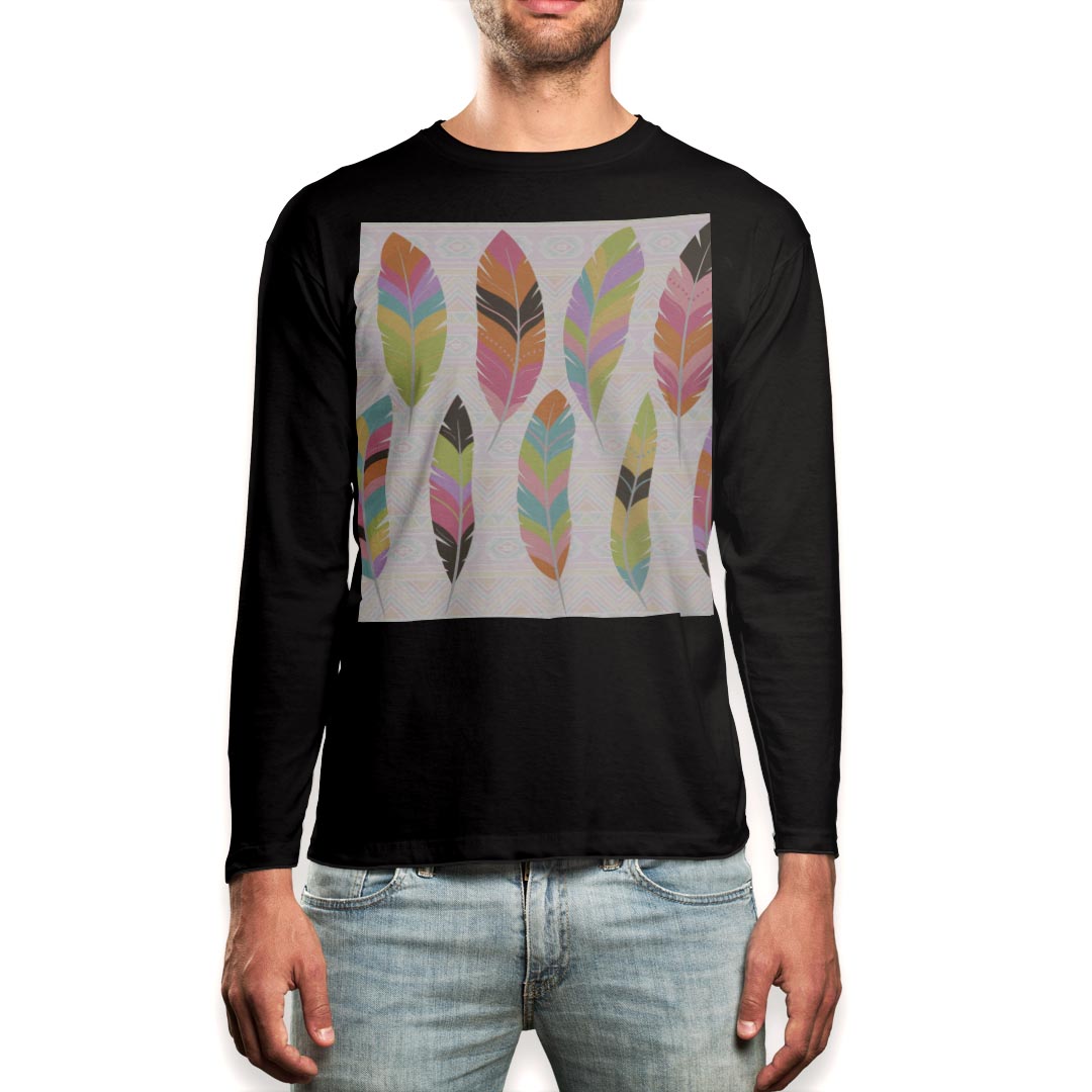 ロング tシャツ メンズ 長袖 ブラック デザイン XS S M L XL 2XL ロンT ティーシャツ 黒 black T shirt long sleeve 009433 カラフル　アジアン　羽