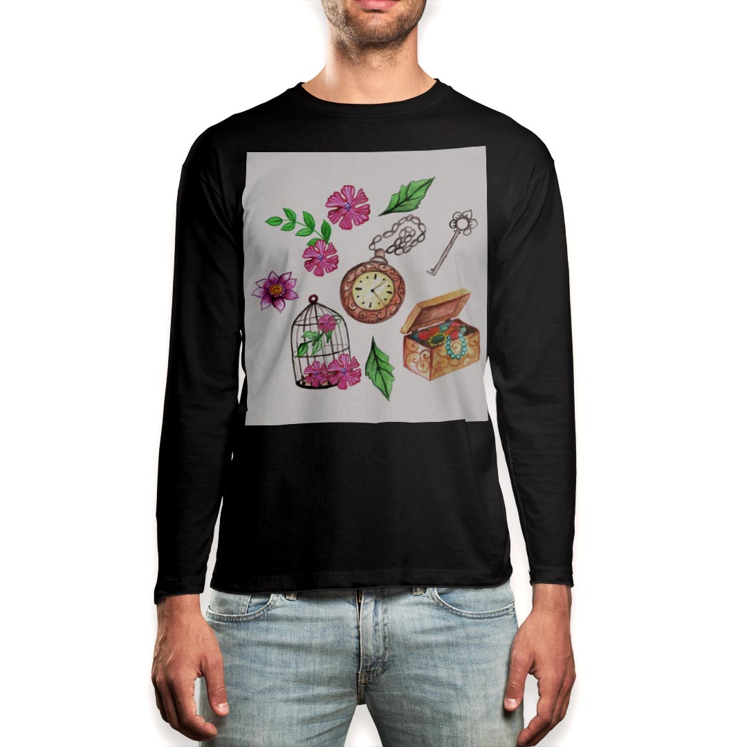ロング tシャツ メンズ 長袖 ブラック デザイン XS S M L XL 2XL ロンT ティーシャツ 黒 black T shirt long sleeve 009540 フラワー 時計 アンティーク