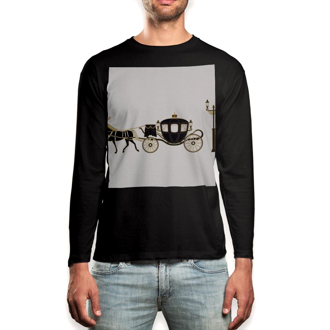 ロング tシャツ メンズ 長袖 ブラック デザイン XS S M L XL 2XL ロンT ティーシャツ 黒 black T shirt long sleeve 009569 馬 馬車 アンティーク