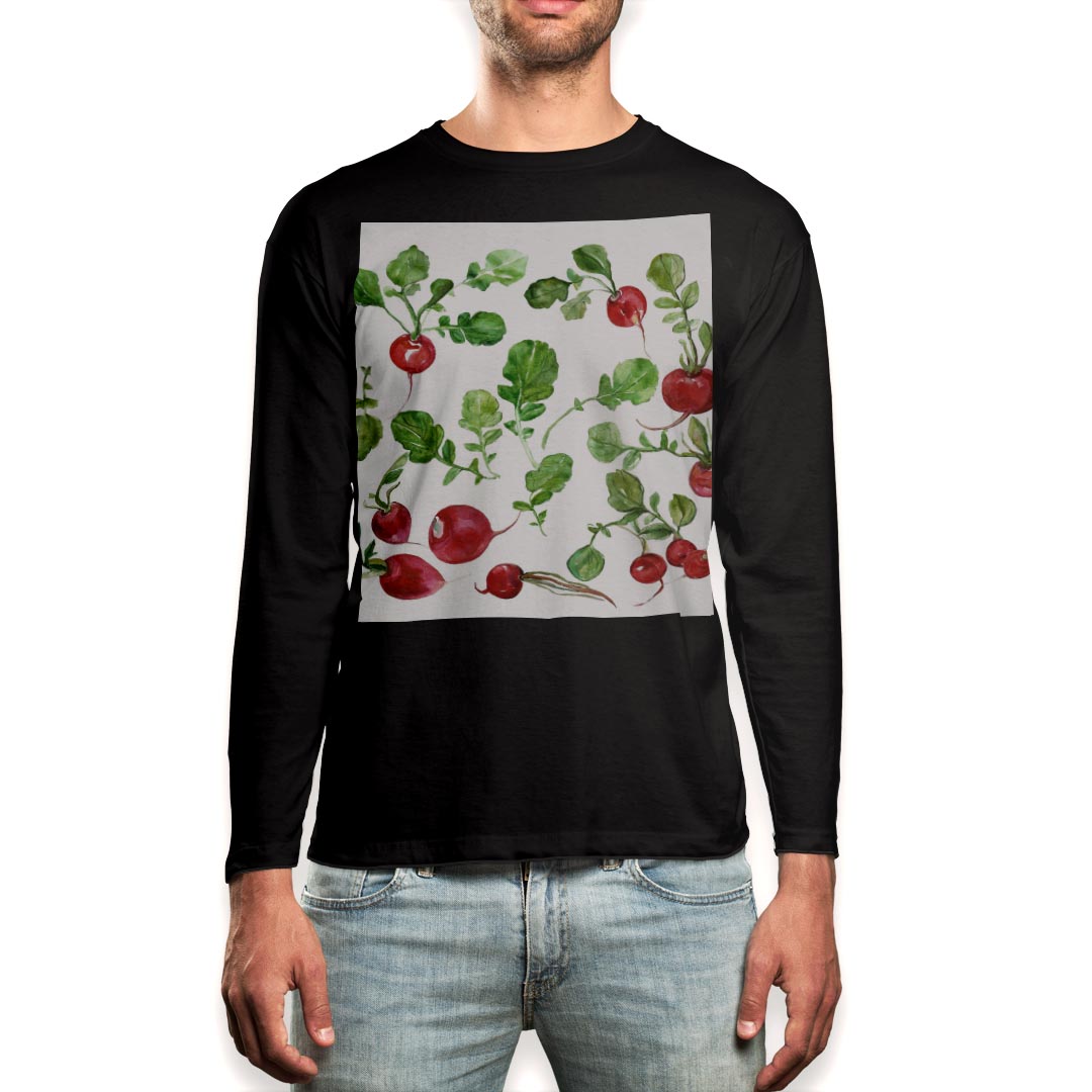 ロング tシャツ メンズ 長袖 ブラック デザイン XS S M L XL 2XL ロンT ティーシャツ 黒 black T shirt long sleeve 009635 食べ物　水彩　赤　緑