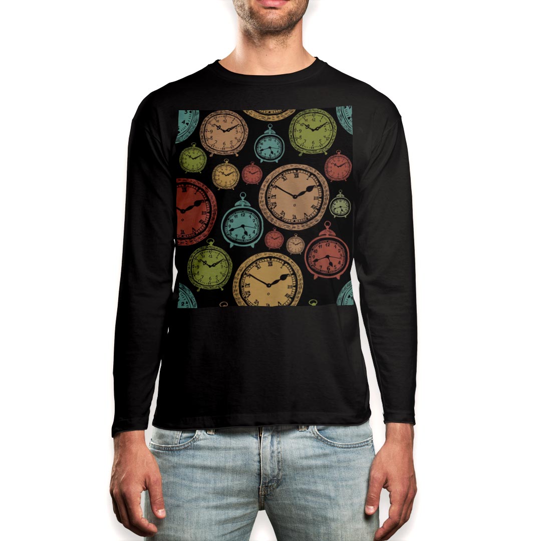 ロング tシャツ メンズ 長袖 ブラック デザイン XS S M L XL 2XL ロンT ティーシャツ 黒 black T shirt long sleeve 009701 時計 アンティーク