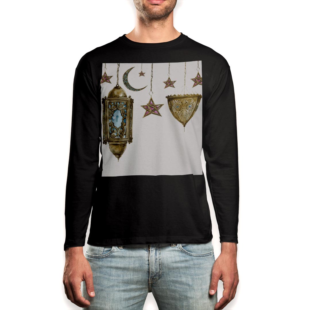 ロング tシャツ メンズ 長袖 ブラック デザイン XS S M L XL 2XL ロンT ティーシャツ 黒 black T shirt long sleeve 009705 アンティーク　星　月
