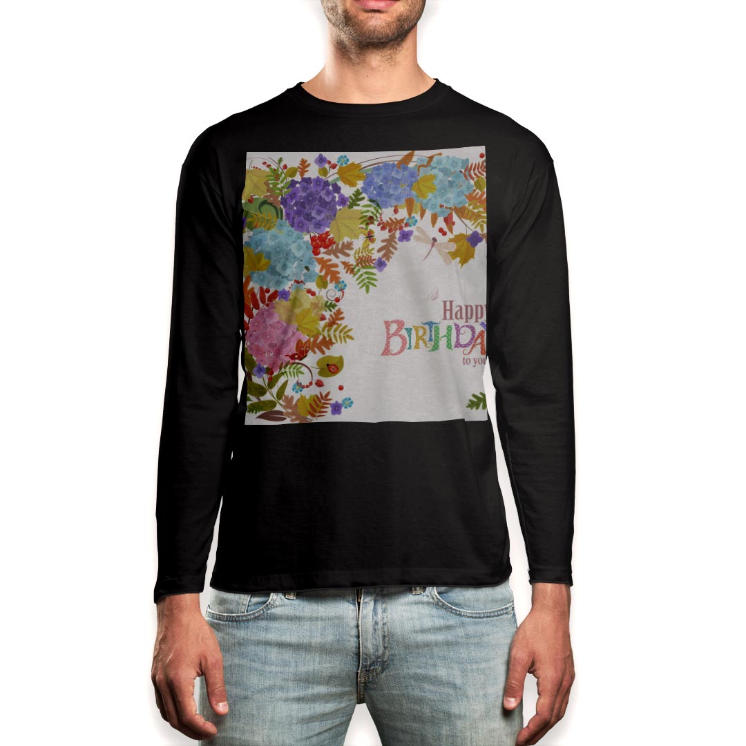乐天商城 - ロング tシャツ メンズ 長袖 ブラック デザイン XS S M L XL 2XL ロンT ティーシャツ 黒 black T shirt long sleeve 009751 フラワー　バースデー　英語
