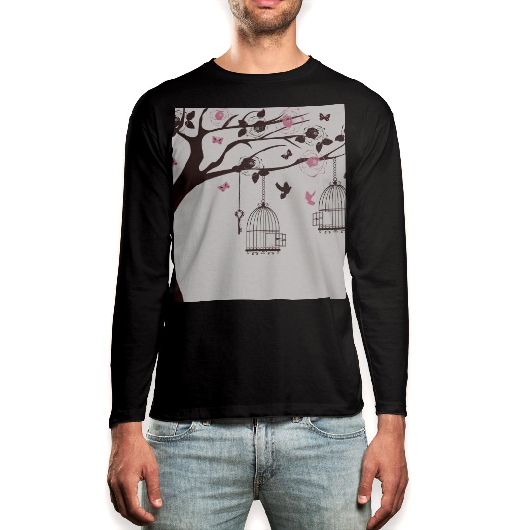 ロング tシャツ メンズ 長袖 ブラック デザイン XS S M L XL 2XL ロンT ティーシャツ 黒 black T shirt long sleeve 009768 フラワー 蝶 鳥